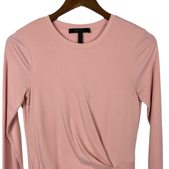 BCBGMaxazria Blush Pink Front Tuck Pleat Soft Rib Long Sleeve Knee Length Dress - Picture 4 of 9